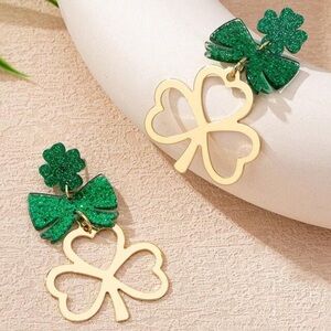 Gold And Green Bow Lucky Clover Earrings